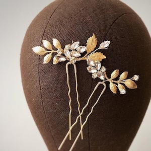 Bridal hair pins Wedding gold headpiece stone 2 Set Hairpins for bride Rhinestone hair clip Bridesmaids head piece Hair Prong, Bun Holder
