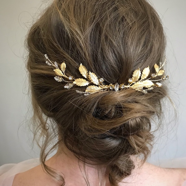 Golden bridal hair piece Wedding comb rhinestone Gold greek headpiece Goddess gold leaves Wedding hair accessories crystal