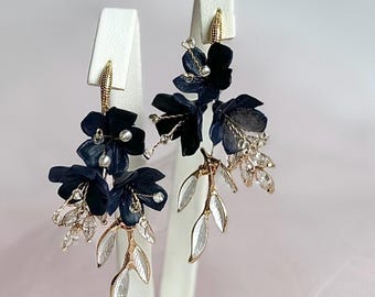 Navy Blue Floral Drop Earrings: Bridal Wedding Jewelry