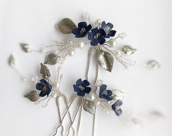 Navy blue hair piece floral, Hair pins something blue bridal jewelry antique silver Sapphire headpieces