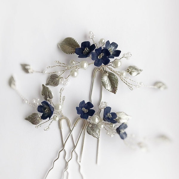 Navy blue hair piece floral, Hair pins something blue bridal jewelry antique silver Sapphire headpieces