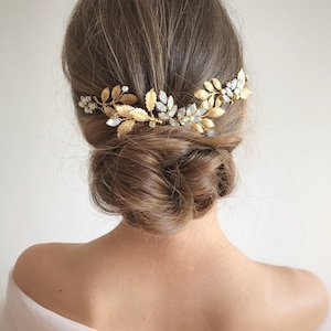 Bridal set white opal hair comb & pins Wedding hair accessories gold Bridesmaid hair piece Rhinestone head piece for bride
