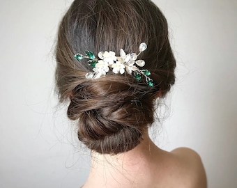 Peigne émeraude et or Postiche émeraude argenté Accessoires cheveux de mariage avec fleurs blanc ivoire