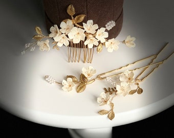 Floral bridal hair comb silver Wedding hair pins Set hairpins Gold side hair comb Ivory flower hair piece Wedding back piece