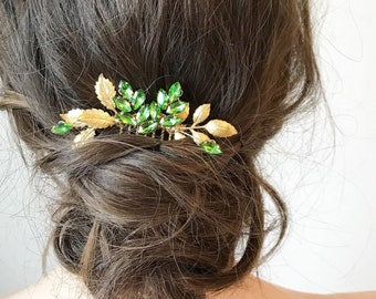 Emerald and Gold leaves Hair Piece Green Rhinestone Comb for Wedding Emerald Bridal Headpieces