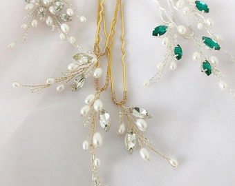 Pearl bridal wedding hair pins, Wedding hair clip crystal silver, Emerald hair pieces WP-0112