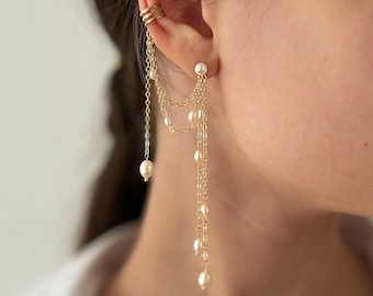 Pearl ear cuffs chain, Wedding earring gold, Bridal jewelry Ear Climber, Bridal statement ear cuff