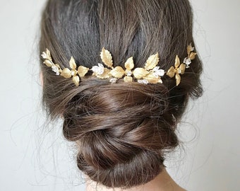 Golden Leaf Bridal Hair Comb: Rhinestone Wedding Headpiece