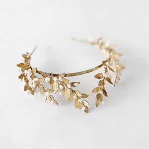Laurel Crown, Pearl AAA Bridal Headband, Gold Leaf Tiara, Vintage Tiara, Roman Laurel Wreath Tiara #0013