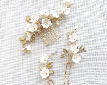 Gold Floral Bridal Hair Comb & Pins Set, Ivory Flower Wedding Headpiece