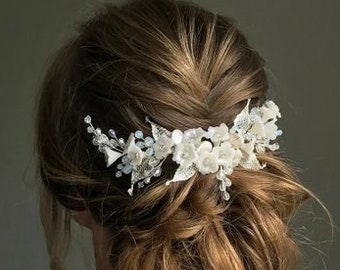 Wedding hair piece white flower Bridal headpiece Opal hair comb Pearl hair pieces Hair vine for bride