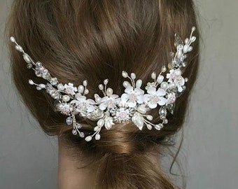 Pearl hair comb bridal Wedding flower hair piece Silver head piece for wedding hairpiece for bride