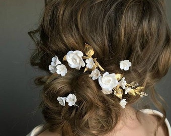 Floral Bridal Hair Comb Set: Rose & Gold Wedding Hair Piece
