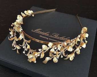 Laurel leaf bridal tiara • Gold wedding crown • Greek goddess headband • Brass crown 8876