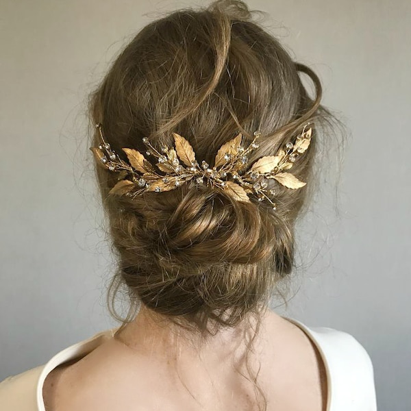 Peine de pelo nupcial oro tocado de boda griego Diosa hoja de laurel pieza de pelo Accesorios para el cabello de boda cristal Latón crudo dorado