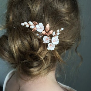 Rose gold hair pins pearl & flower Floral hair piece for bride Wedding hair clip Simple bridal hairpins