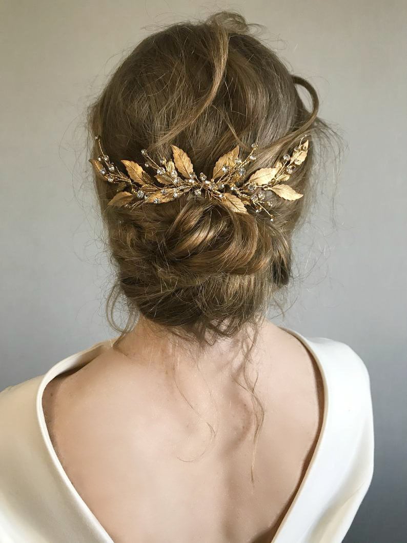 Bridal hair comb gold Greek wedding headpiece Goddess laurel leaf hair piece Wedding hair accessories crystal Raw brass golden image 1