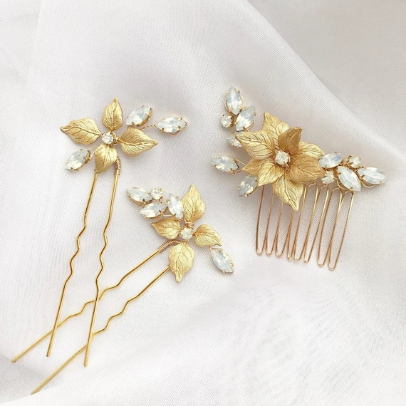 Brides & Hairpins Gold Bridal Hair Comb with Opal White Stones bridal pearl headpiece - Freshwater pearl and opal hair comb  main image 3