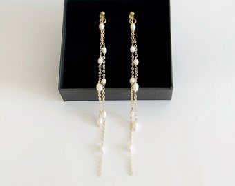 Dangling Pearl Cascade Earrings: Long Bridal Wedding Jewelry
