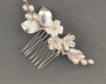 Bloemenhaarkam voor bruid, bruiloft zendspoel parel, bruidsmeisje haarstuk, bruidsbloem haarstukje