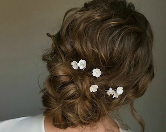 Weddings Small White Flower Hair Pins Bridal Handmade Set of Six 
