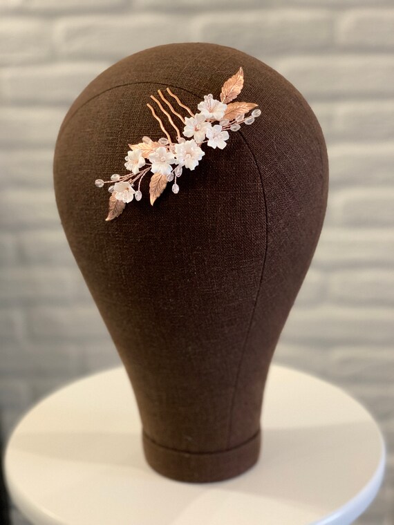 Beautiful rose gold hair comb with white flowers. Rose Gold Hair Comb White Flowers Bridal Hair Accessories  main image 2