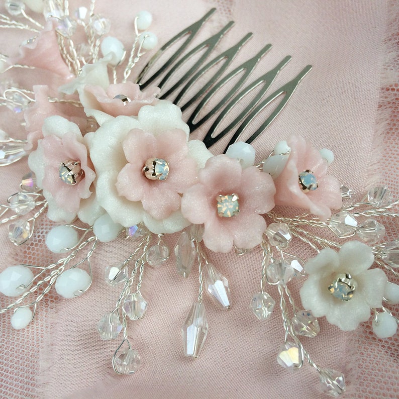 Pink Floral Hair Comb for Bride Silver Wedding Headpiece with Etsy