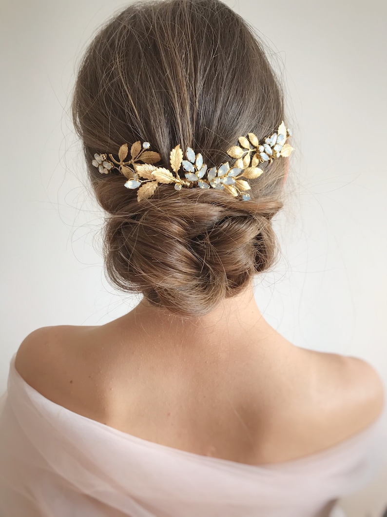 Bridal set white opal hair comb & pins Wedding hair accessories gold Bridesmaid hair piece Rhinestone head piece for bride image 2