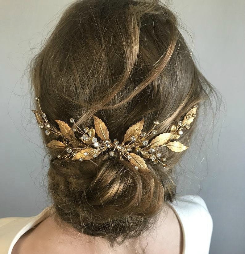 Bridal hair comb gold Greek wedding headpiece Goddess laurel leaf hair piece Wedding hair accessories crystal Raw brass golden image 6