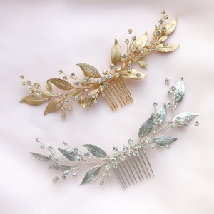 Bridal hair comb gold Greek wedding headpiece Goddess laurel leaf hair piece Wedding hair accessories crystal Raw brass golden image 3