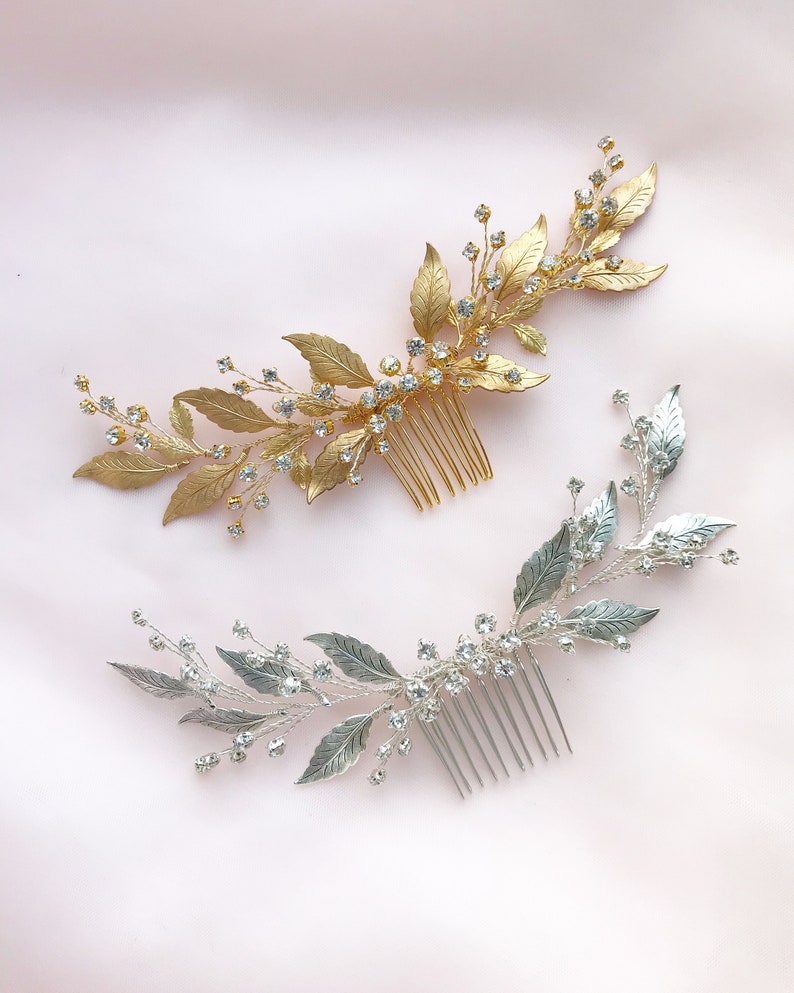 Bridal hair comb gold Greek wedding headpiece Goddess laurel leaf hair piece Wedding hair accessories crystal Raw brass golden image 3