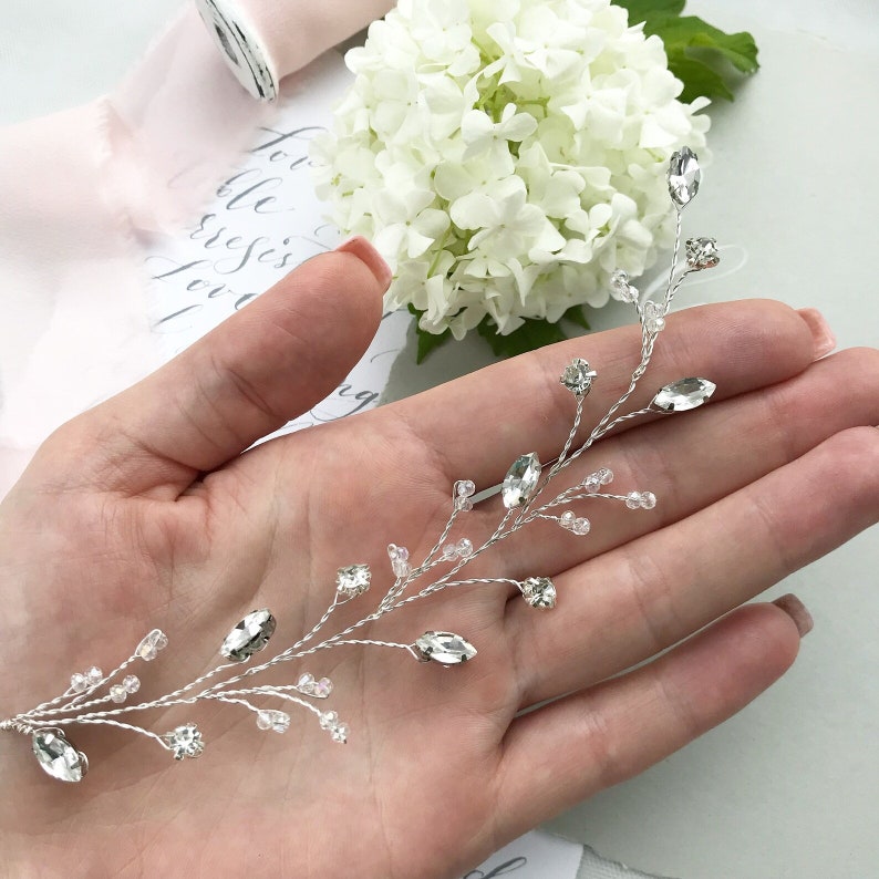 Rhinestone wedding hair pieces Crystal hair vine Bridal hair piece Silver Bridal back hair piece Bridal hair accessories for short hair image 5