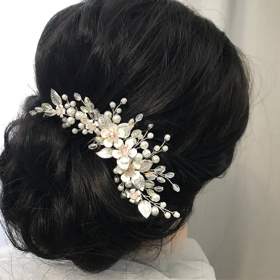 Crystal Flower Hair Comb Bridal Hair Piece Floral Pearl Comb Etsy