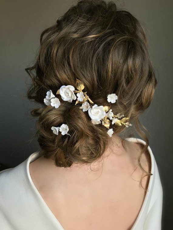 Bride Hair Piece Gold White Flower Wedding Hair Accessory Etsy