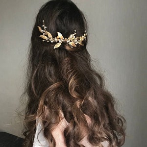 Bridal hair comb gold Greek wedding headpiece Goddess laurel leaf hair piece Wedding hair accessories crystal Raw brass golden image 9