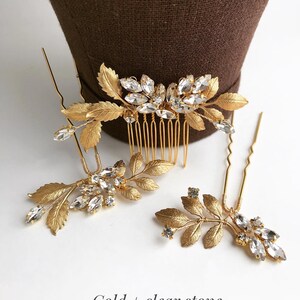 Bridal set white opal hair comb & pins Wedding hair accessories gold Bridesmaid hair piece Rhinestone head piece for bride image 6