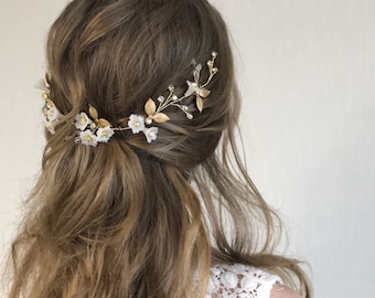 Gold Leaf Wedding Headpiece: Floral Bridal Halo, Hair Vine