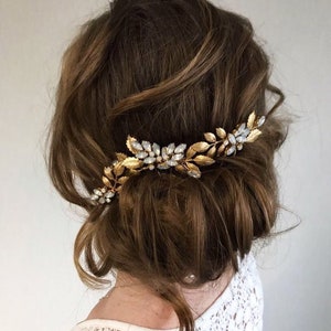 Bridal set white opal hair comb & pins Wedding hair accessories gold Bridesmaid hair piece Rhinestone head piece for bride image 1