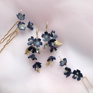 Dark Blue Flower Earrings, Navy Blue hair pins wedding, Bohemian Style Bridal Earrings, Something blue