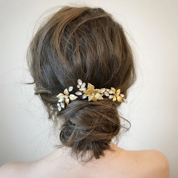 Brides & Hairpins Gold Bridal Hair Comb with Opal White Stones Opal Gold Hair Comb, White Opal Stone Hair Fork, Gold  main image 4