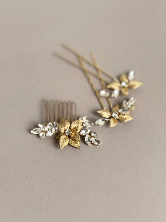 Gold Wedding Hair Comb & Pins Set, Opal Rhinestone Bridal  display picture 3