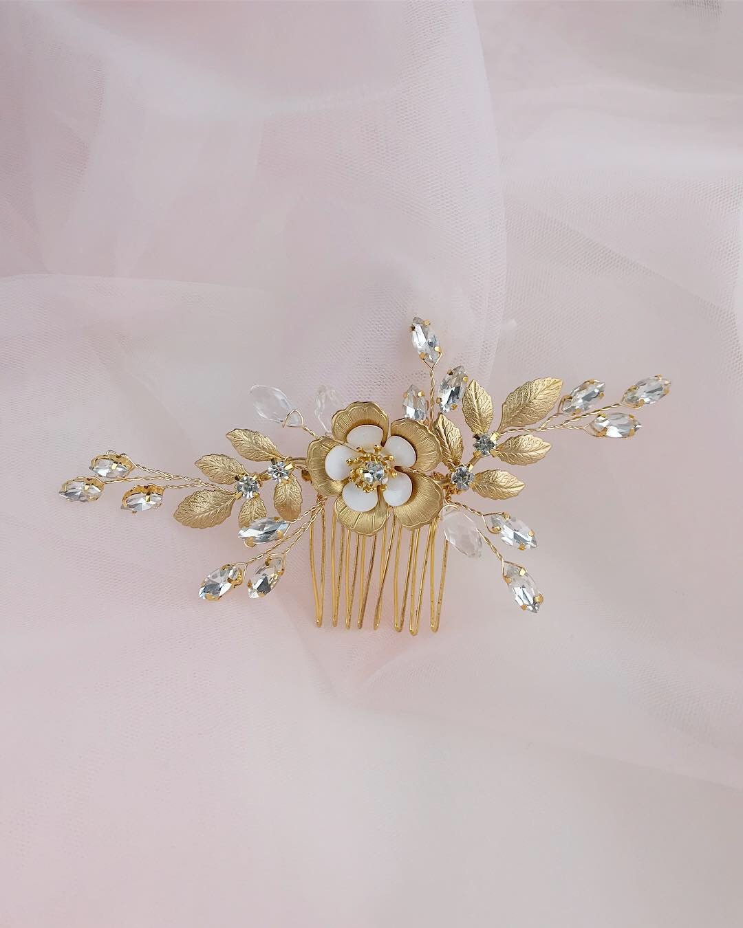 Goldener Braut-Haarkamm Mit Strass & Blatt-Design | Hochzeit Kopfschmuck Für Braut & Brautjungfern