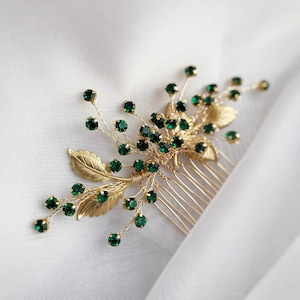 Emerald and gold leaves hair piece, Green rhinestone comb, Emerald headpieces comb BC-038
