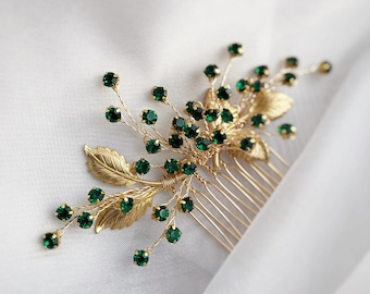 Emerald Rhinestone Hair Comb, Gold Leaves Headpiece, Handmade