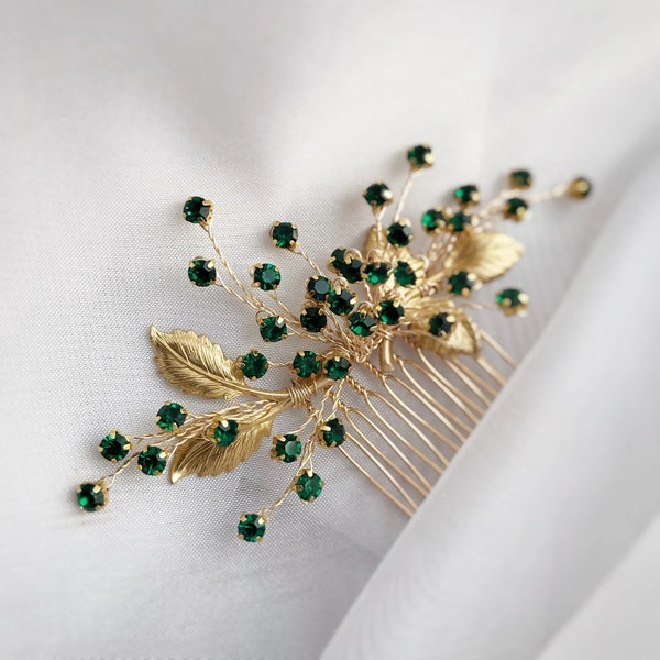 Emerald and gold leaves hair piece, Green rhinestone comb, Emerald headpieces comb BC-038
