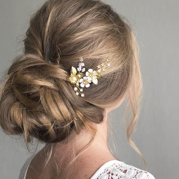 Small Gold Wedding Hair Pin With Flowers and Rhinestone Bridal