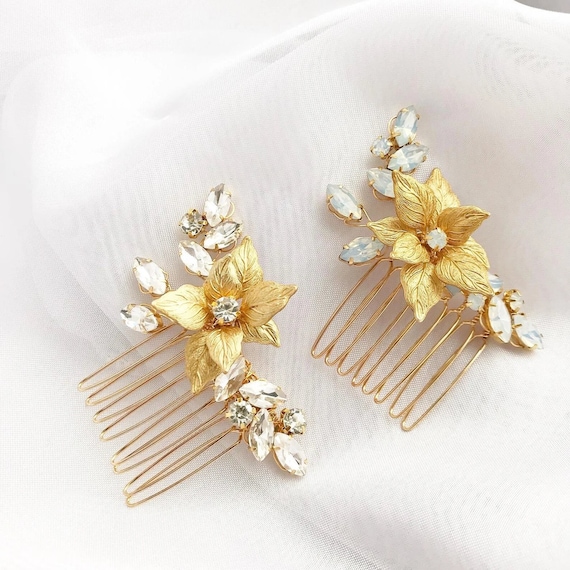3x Blatt-Haarkamm Mit Strass – Goldene Haar-Accessoires Für Frauen, Braut, Festival – Vintage Style, Metall