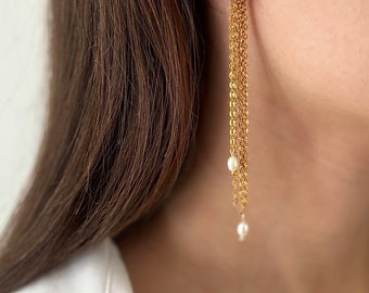 Pearl Stud Earrings with Gold Leaf Chain: Elegant Bridal Jewelry
