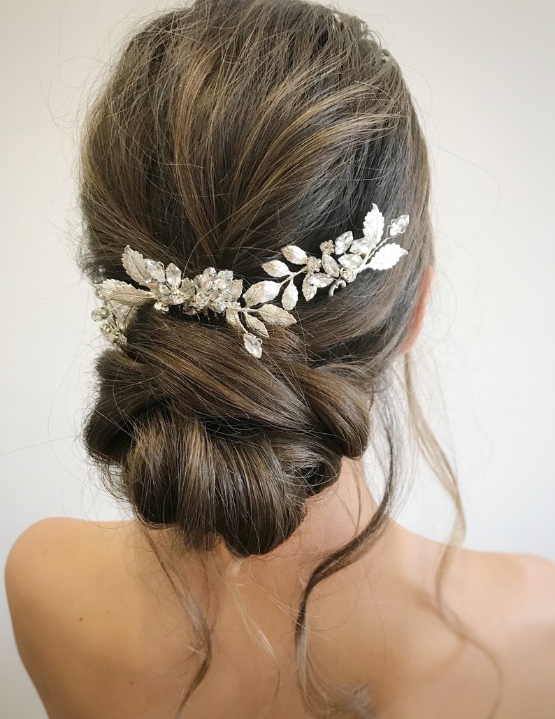 Bridal set white opal hair comb & pins Wedding hair accessories gold Bridesmaid hair piece Rhinestone head piece for bride image 3