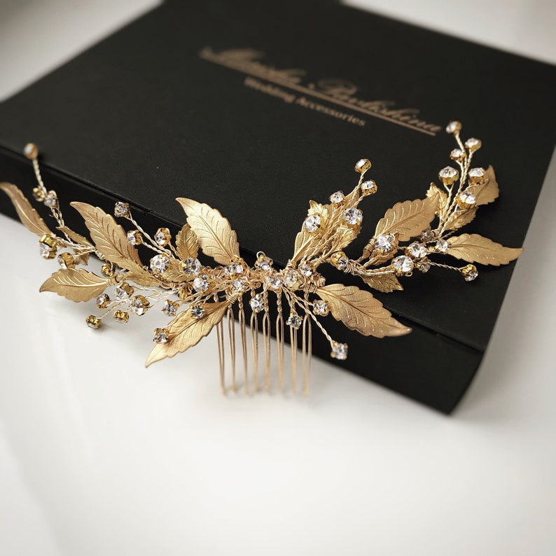 Bridal hair comb gold Greek wedding headpiece Goddess laurel leaf hair piece Wedding hair accessories crystal Raw brass golden image 2